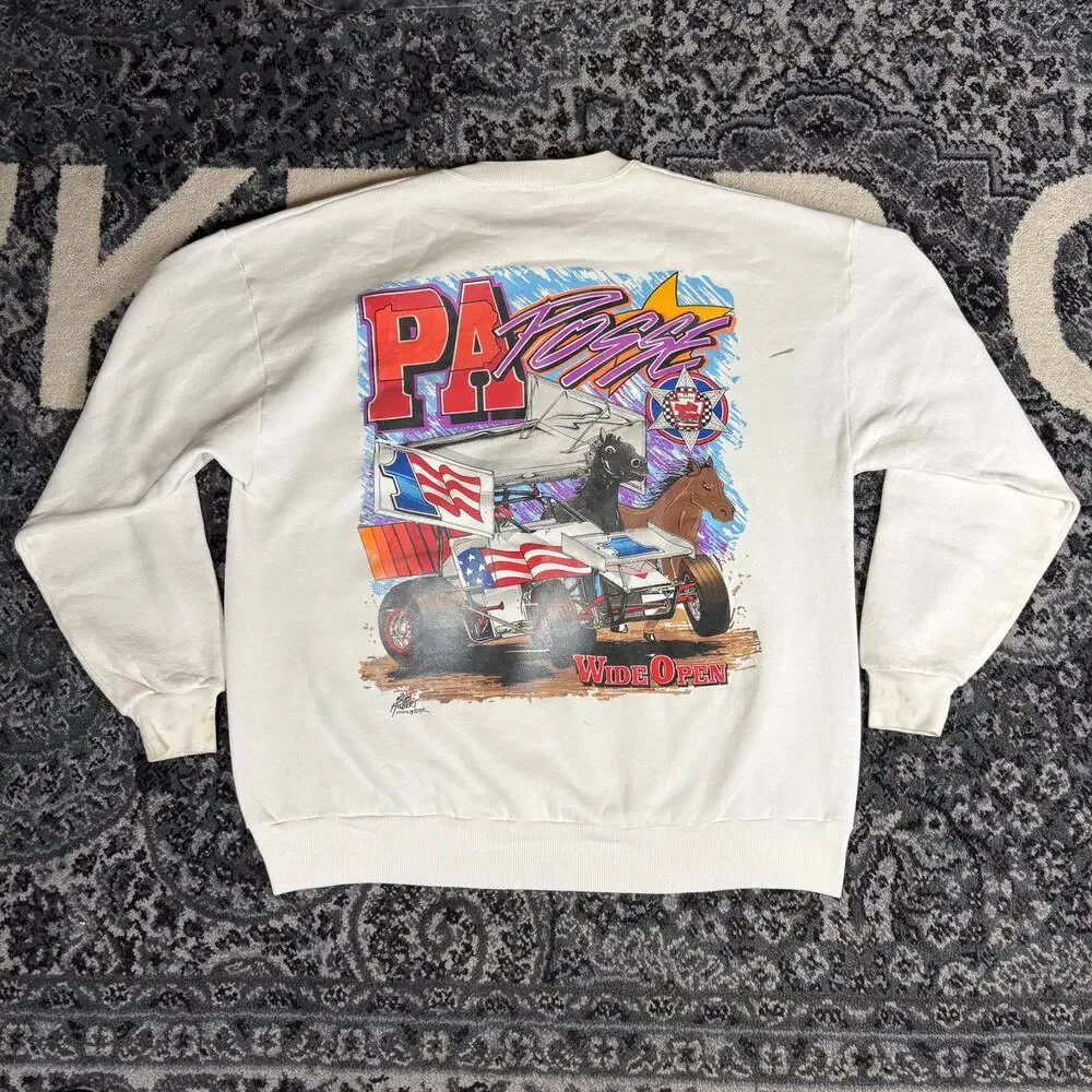 Vintage 90s PA Posse Wide Open Sprint Car Racing Sweatshirt Sweater White Sz XL